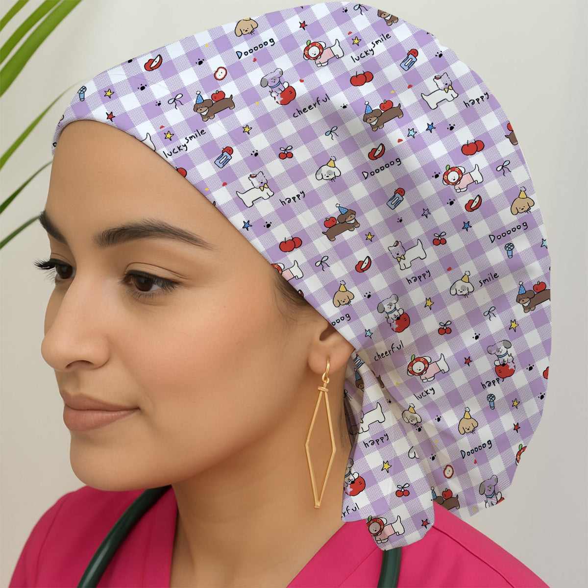 Cartoon Puppy Apple Gingham Scrub Cap