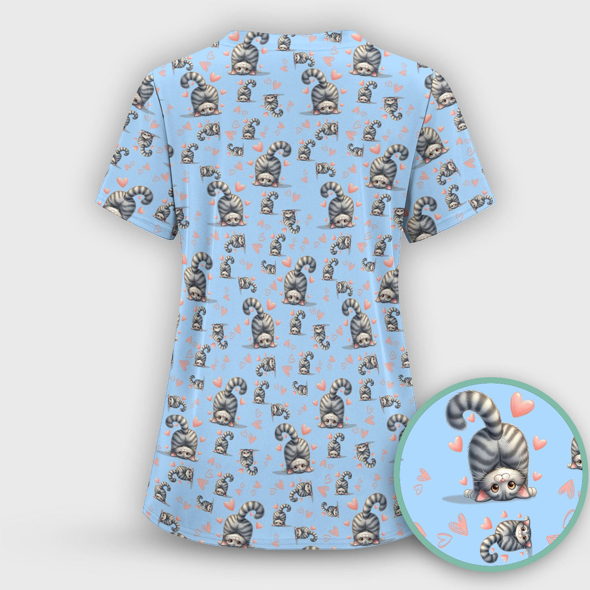 Valentine Cute Cat Scrub Top, Cat Heart Pattern Nurse Uniform, Comfortable Scrubs For Nurses