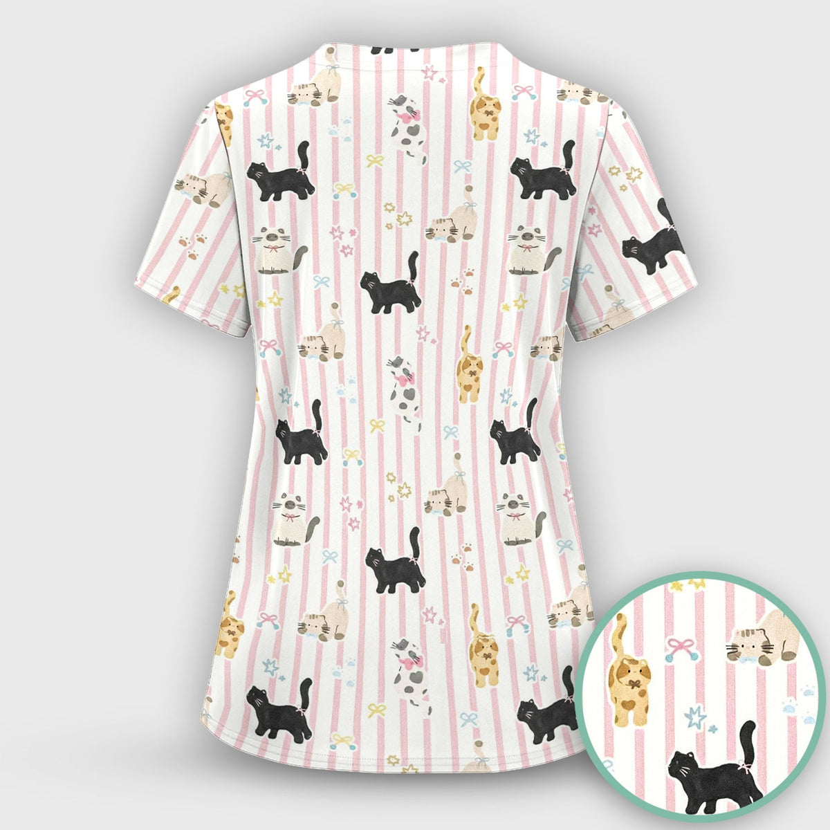 Playful Cat Stripe Ribbon Nurse Scrub Top
