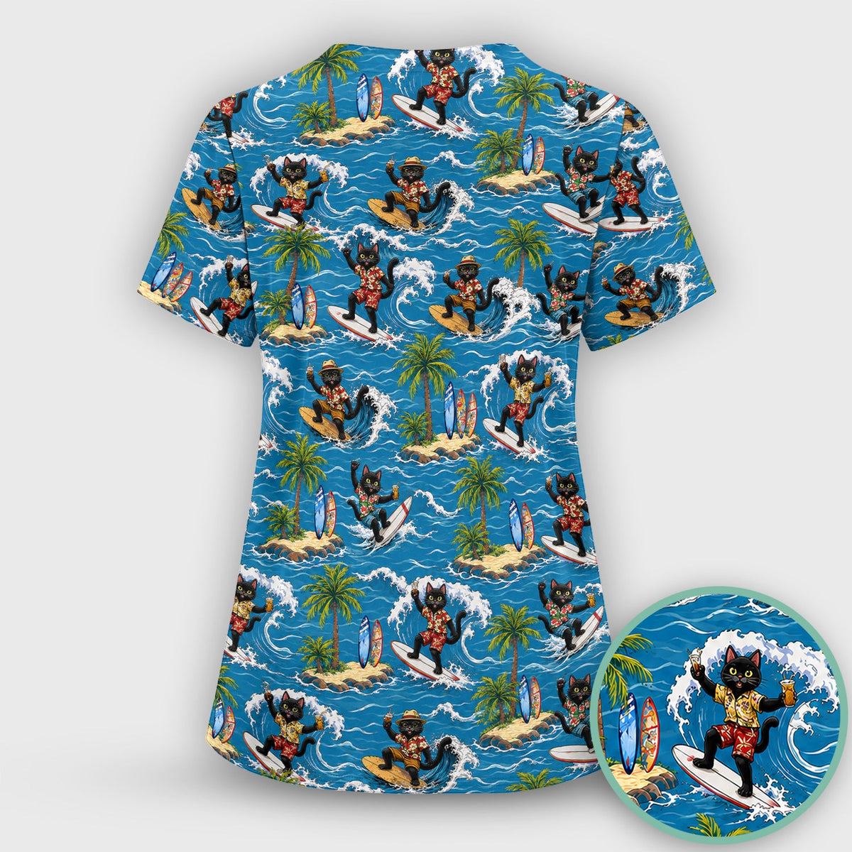 Tropical Black Cat Surfer Island Nurse Scrub Top