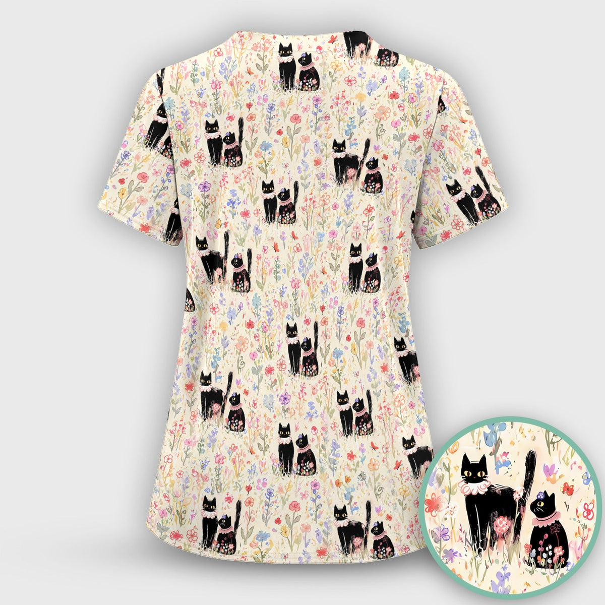 Cute Black Cats Wildflower Garden Nurse Scrub Top