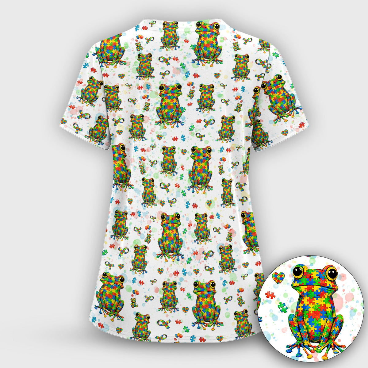 Colorful Autism Puzzle Frog Nurse Scrub Top