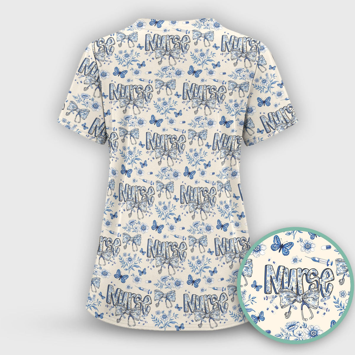 Blue Nurse Bow Butterfly Floral Scrub Set