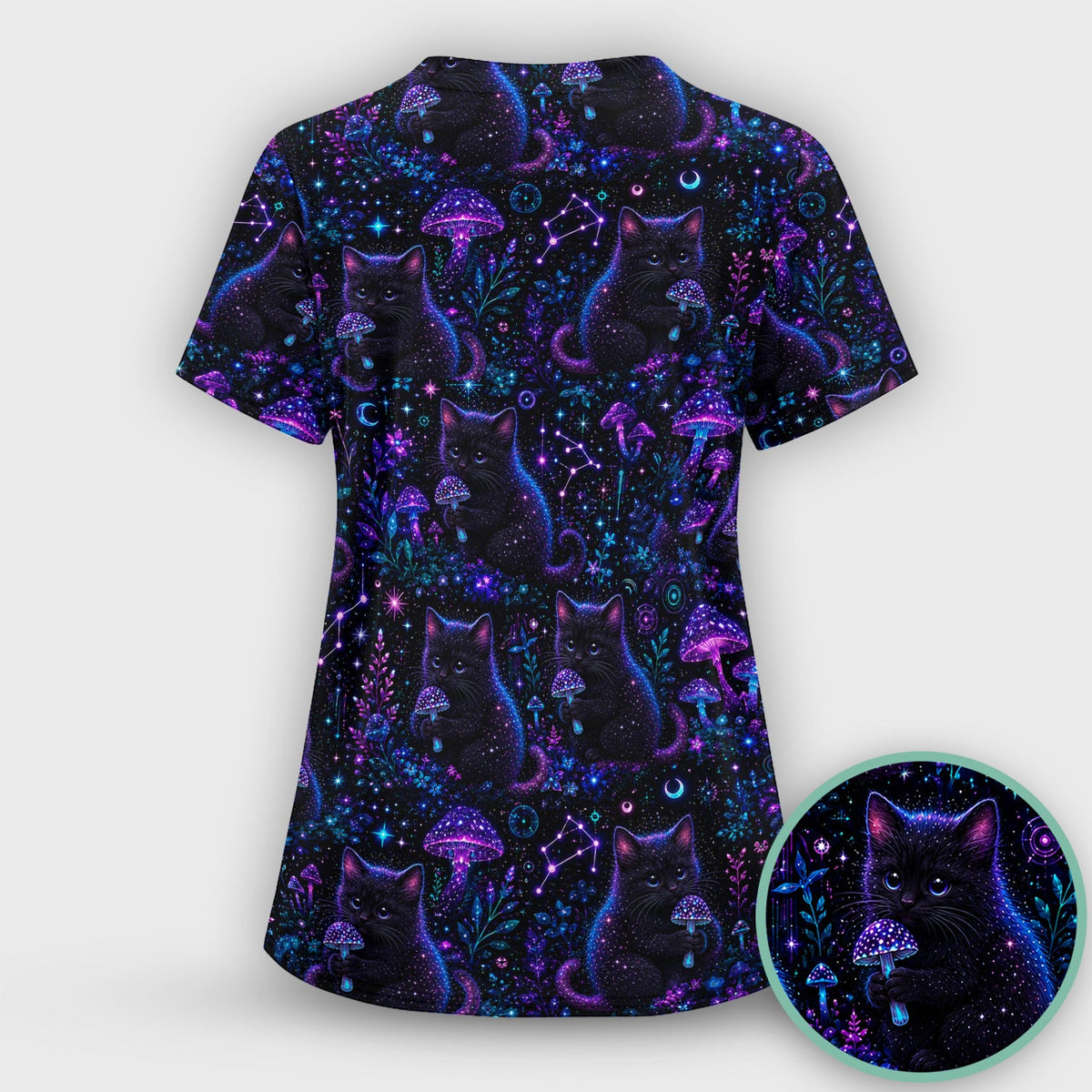 Neon Black Cat Mushroom Galaxy Nurse Scrub Top