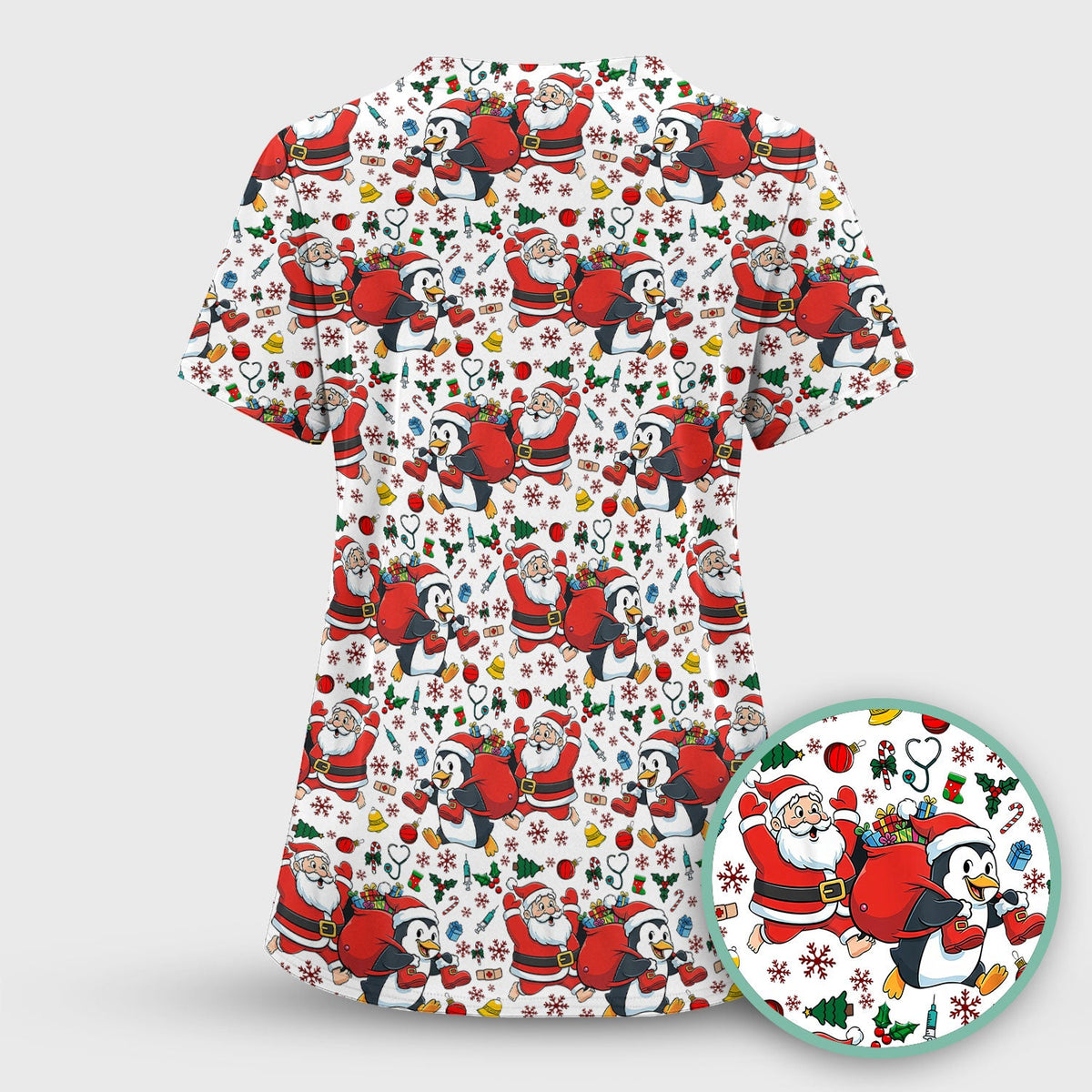 Penguin Santa Nurse Scrub Top - Christmas Gift