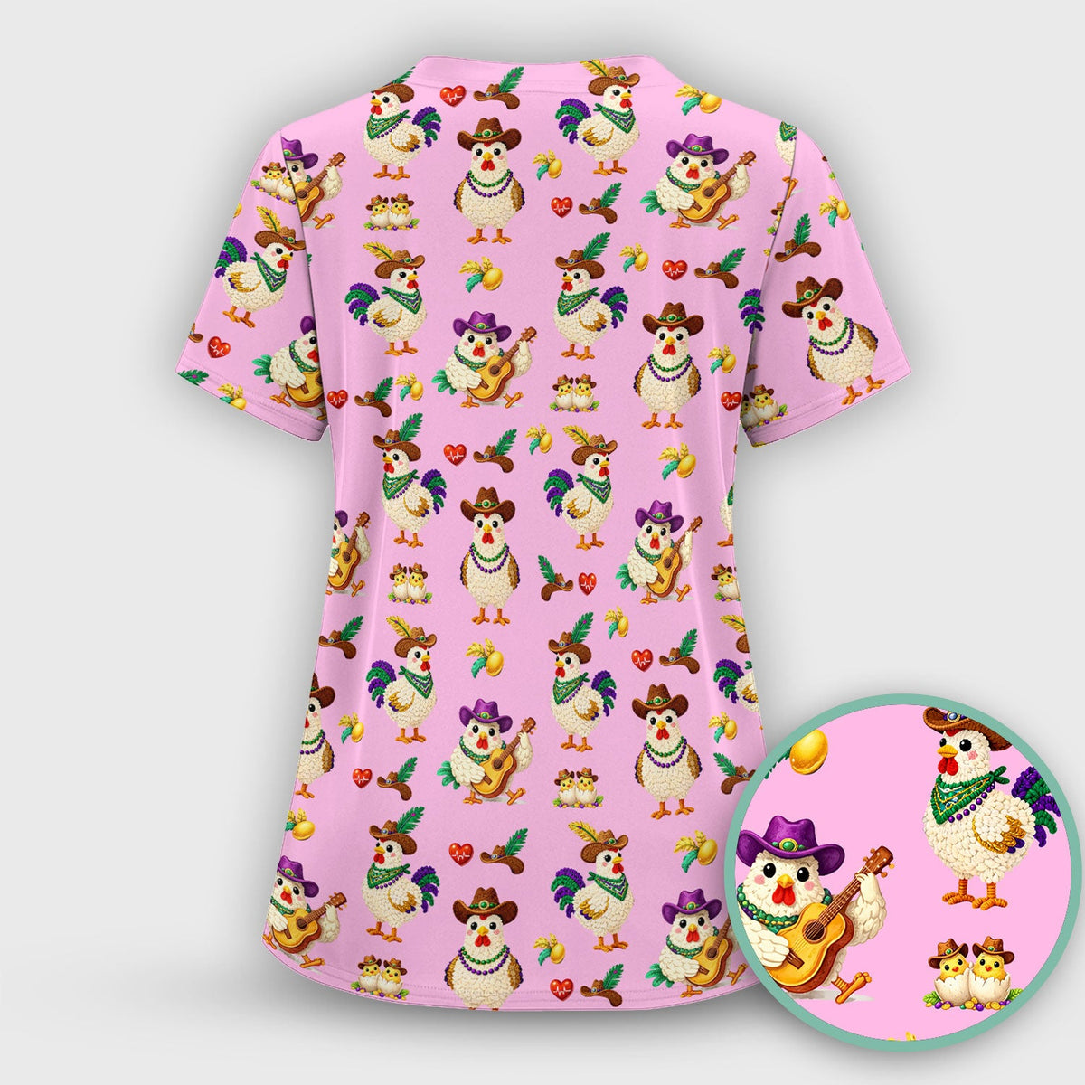 Mardi Gras Rooster Cowboy Nurse Scrub Top