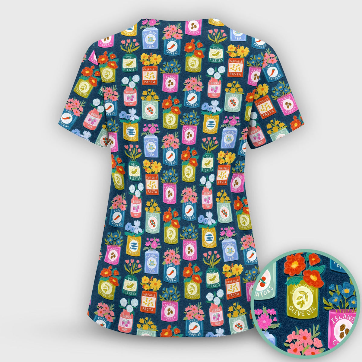 Colorful Pantry Jars Flowers Nurse Scrub Top