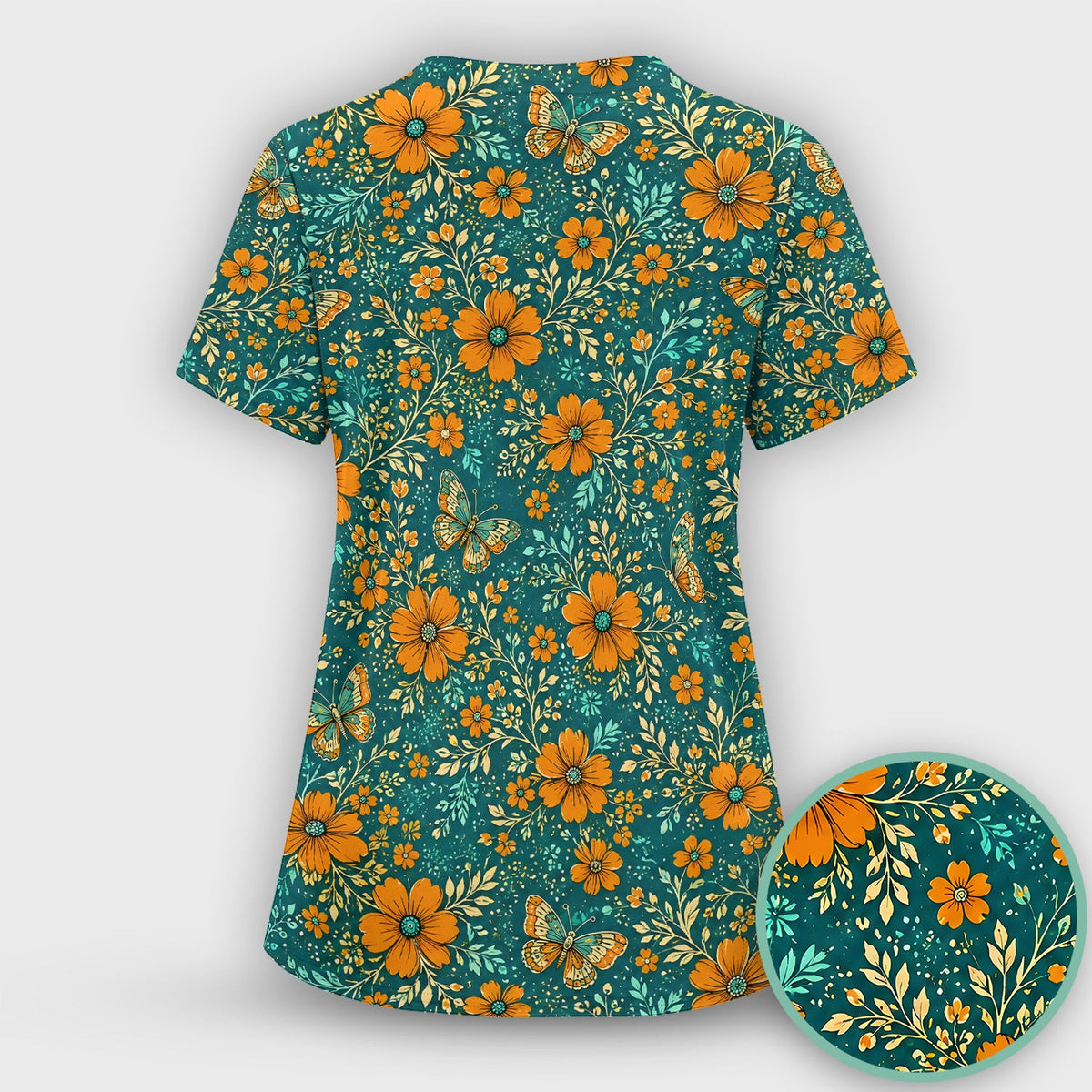 Orange Floral Butterfly Vine Nurse Scrub Top