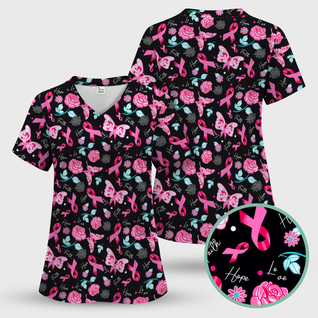 Breast Cancer Pink Ribbon Flowers Nurse Scrub Top