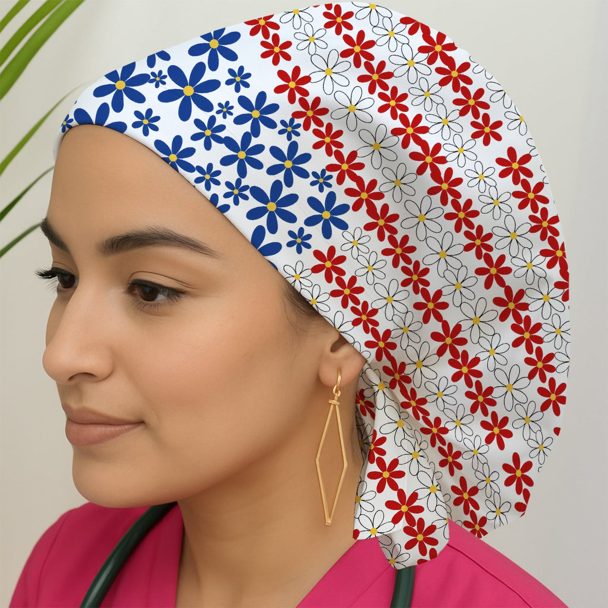 Retro Red Blue Daisy Scrub Cap