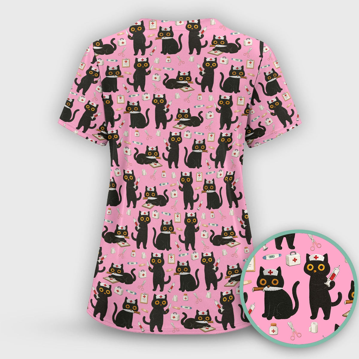 Cute Black Cat Nurse Scrub Top