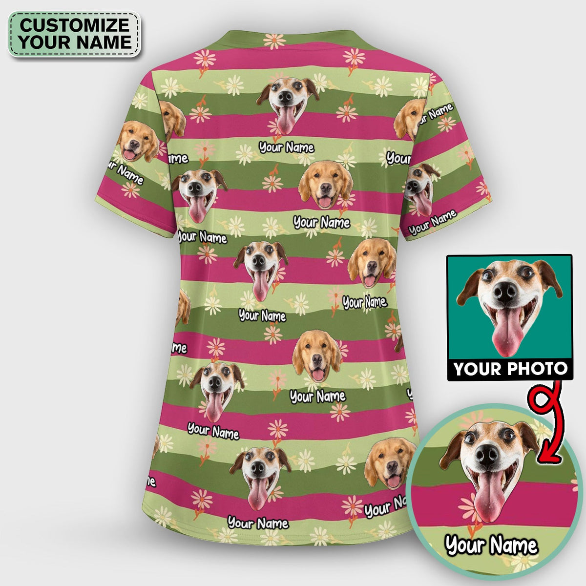 Personalized Dog Photo Spring Stripes Nurse Scrub Top