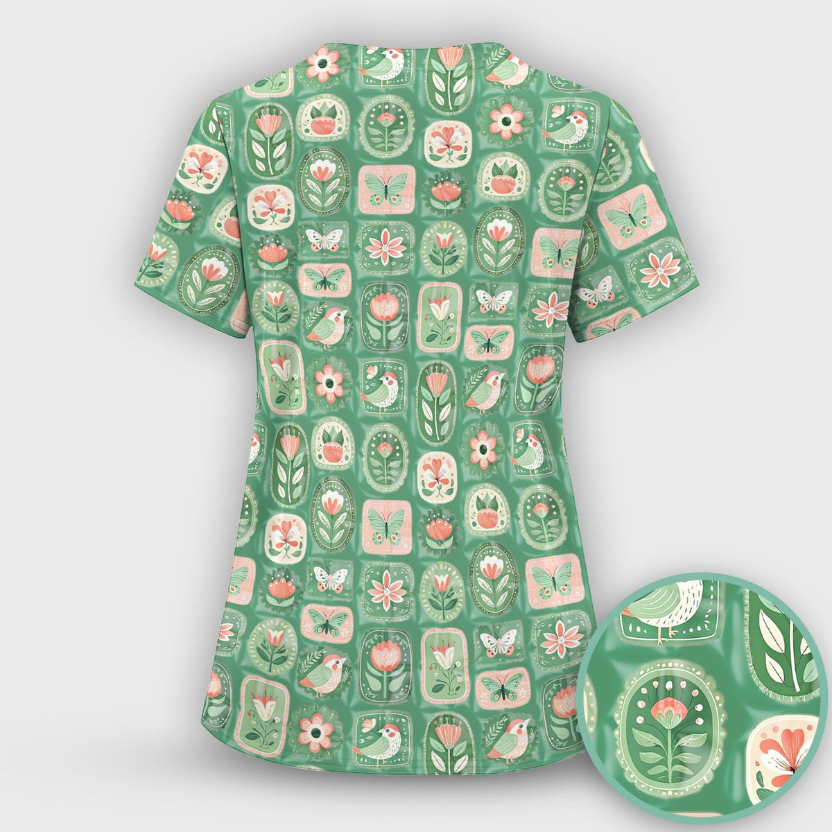 Folk Art Floral Bird Butterfly Garden Nurse Scrub Top