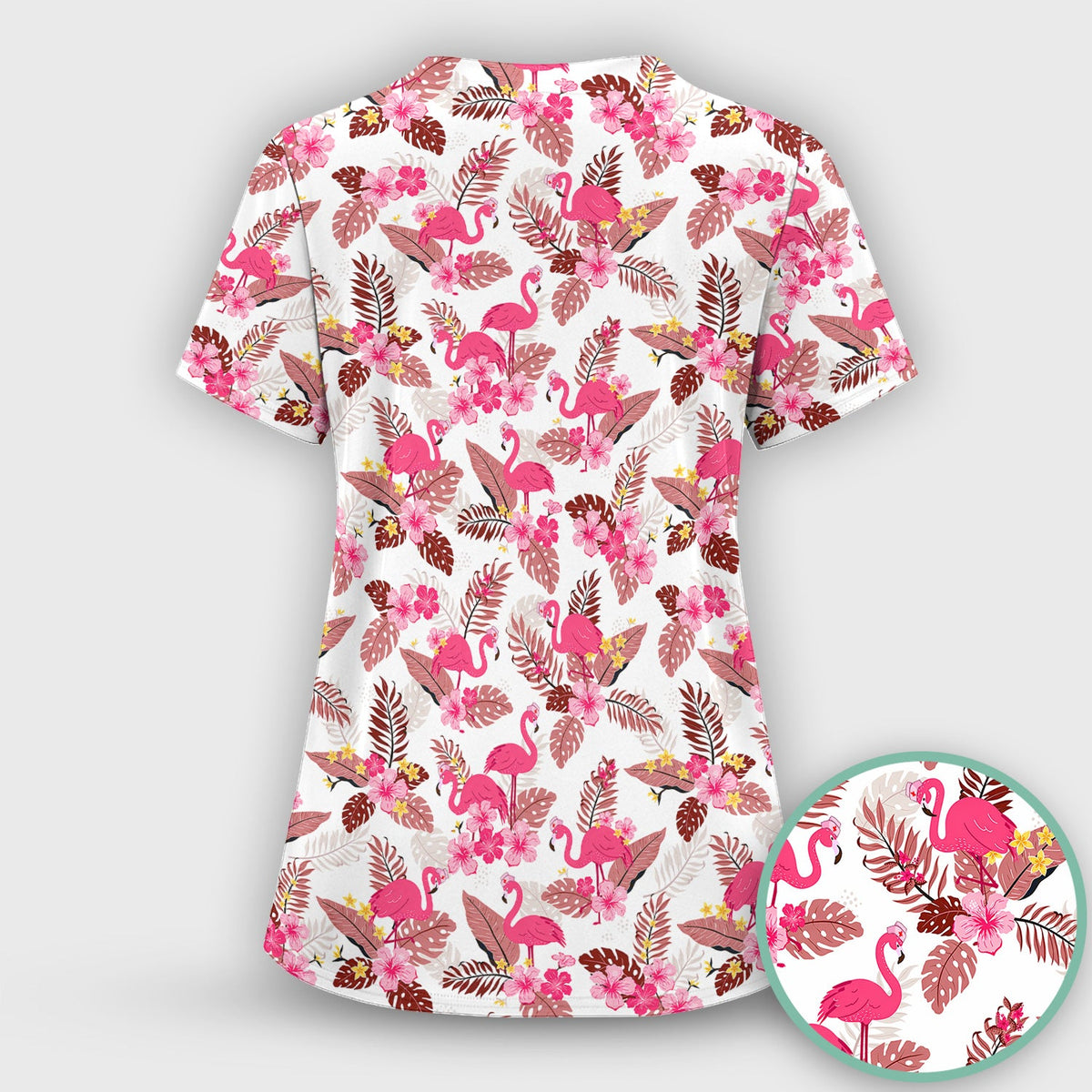 Pink Flamingo Tropical Floral Nurse Scrub Top