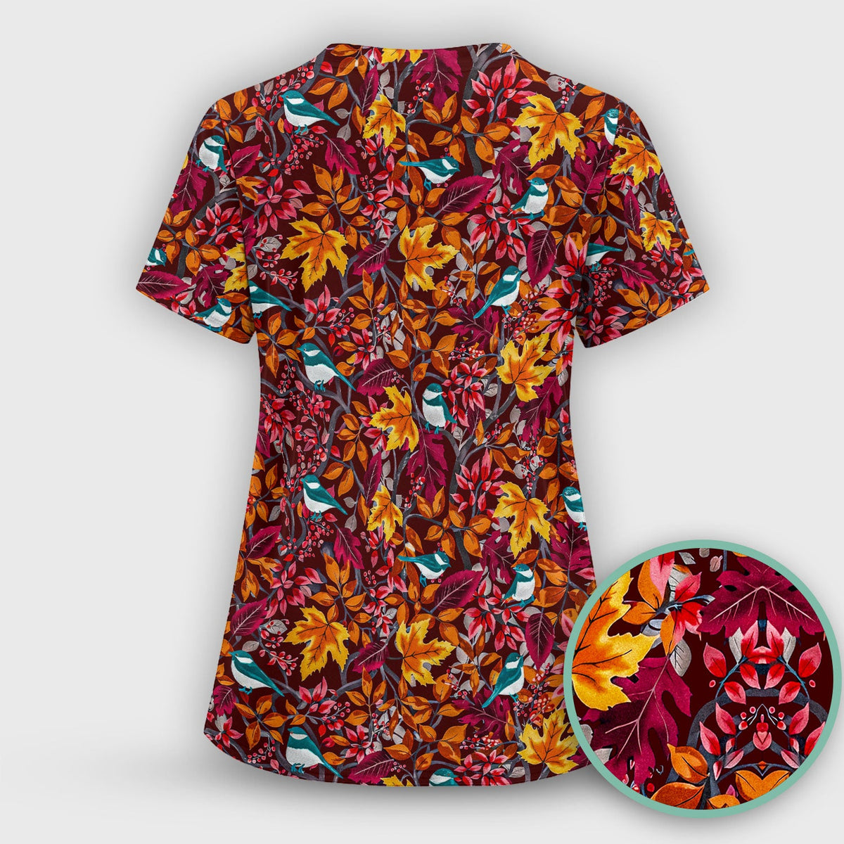 Autumn Leaves Blue Bird Nurse Scrub Top