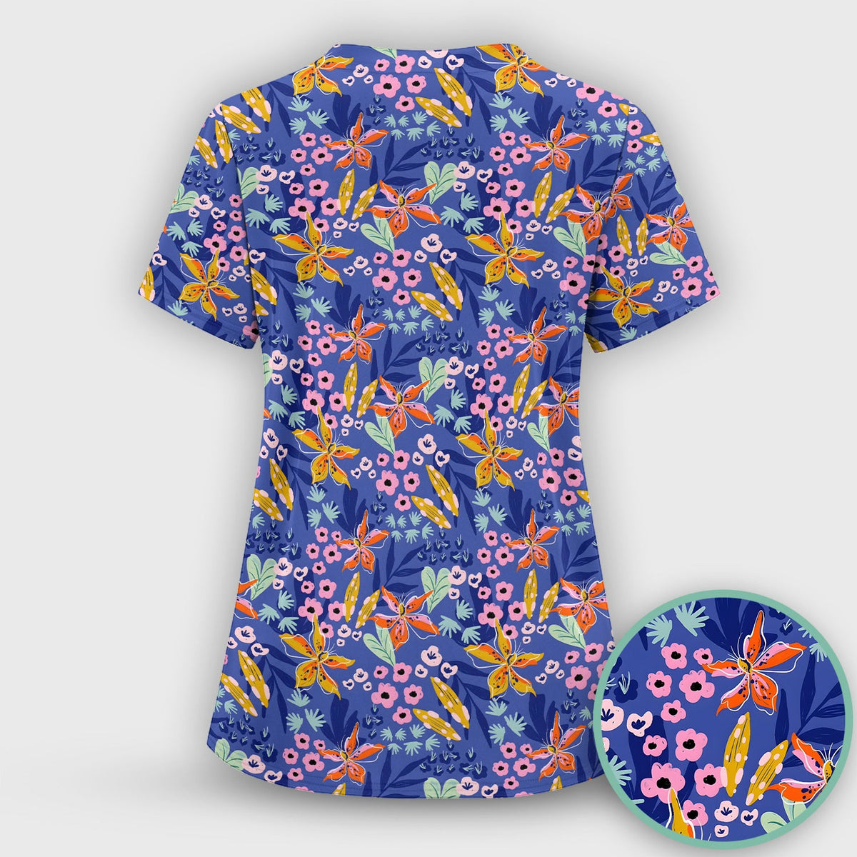 Blue Lily Floral Garden Nurse Scrub Top