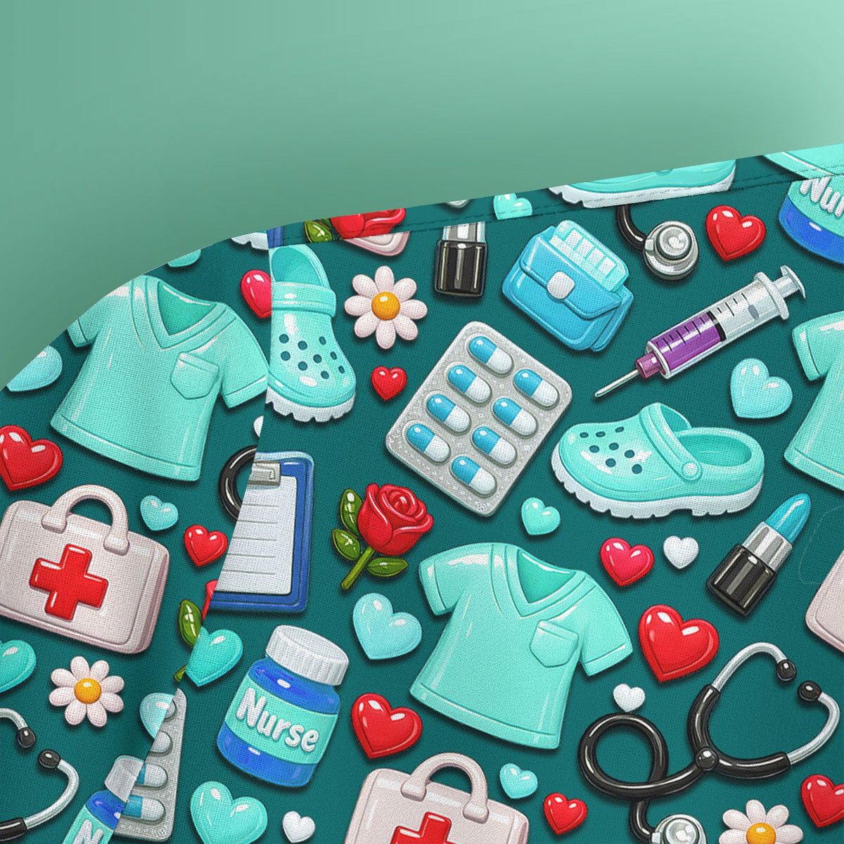 Medical Icons Scrub Top, Cute Pattern Nurse Shirt, Breathable Fabrics Nursing Uniform