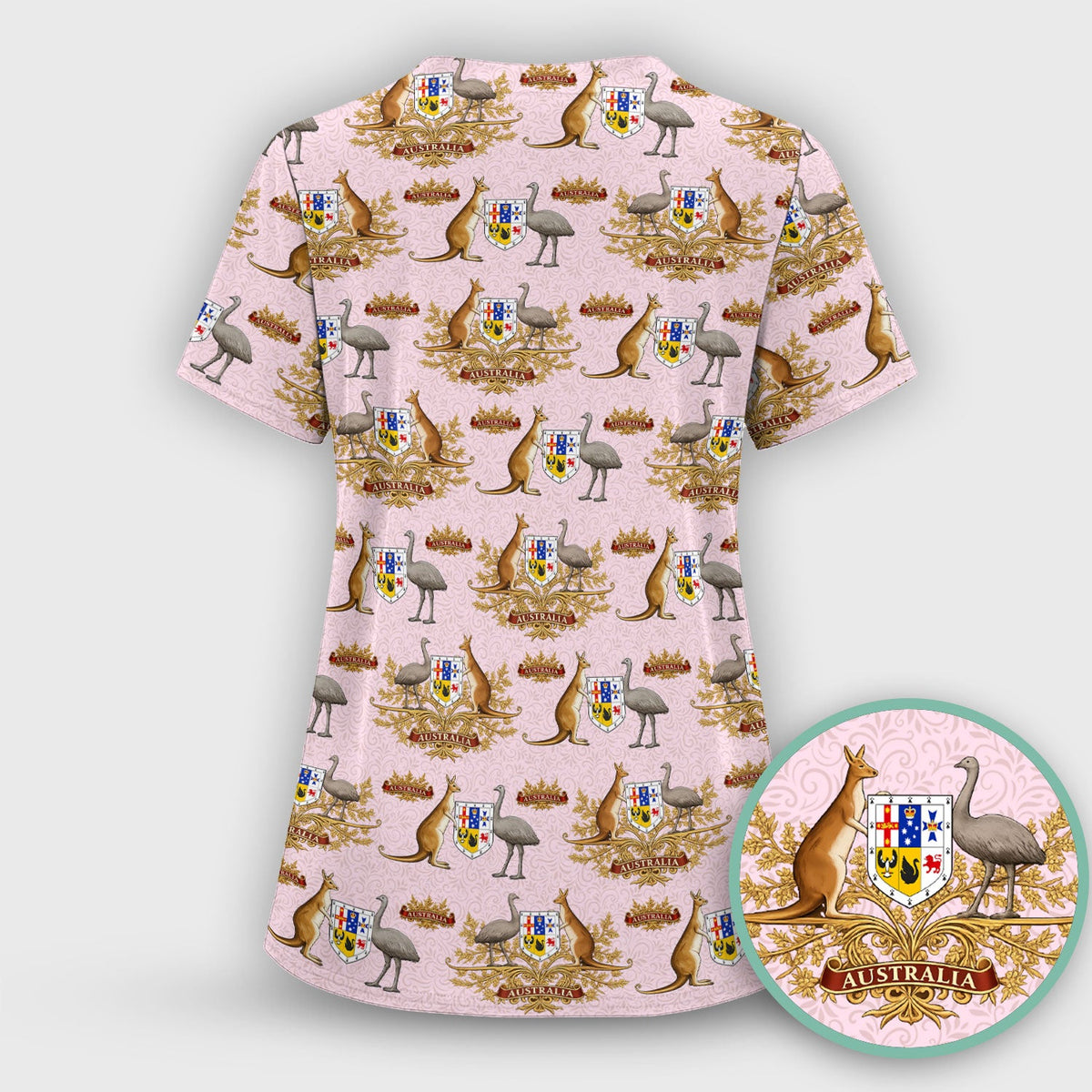 Australian Kangaroo Emu Crest Pattern Scrub Top, Comfortable Scrubs for Nurses