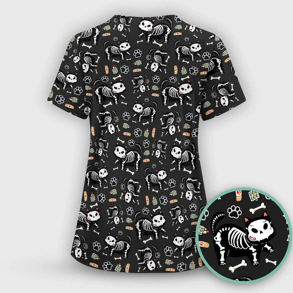 Skeleton Cat Medical Pattern Scrub Set, Scrub Pants and V Neck Top