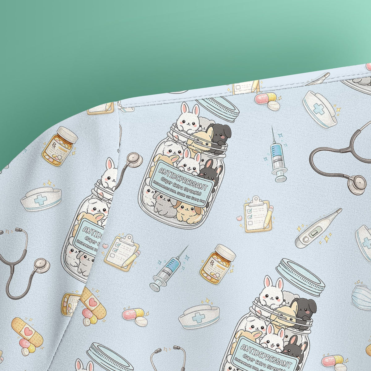 Whimsical Antidepressant Rabbit Jar Nurse Scrub Top
