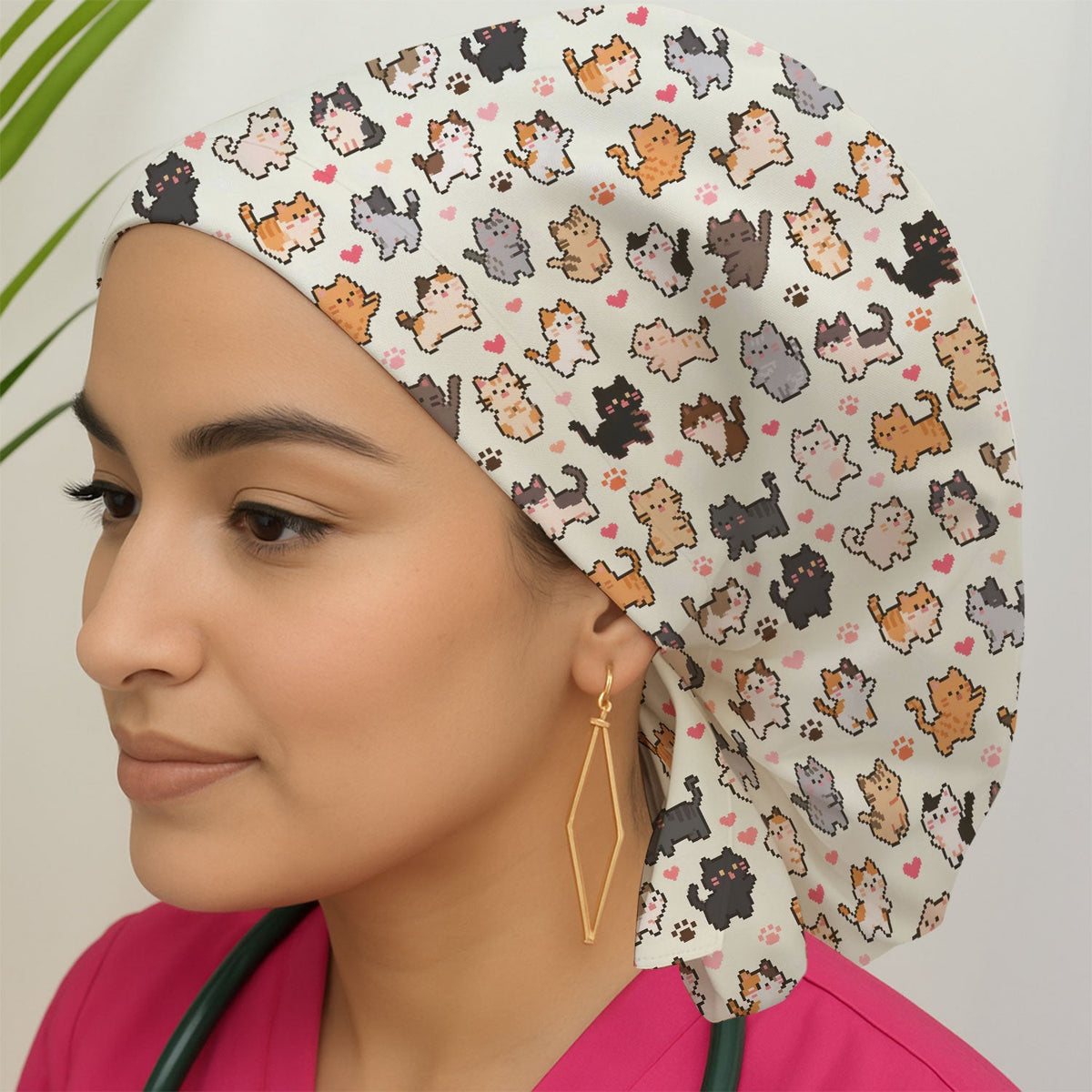 Pixel Cat Heart Paw Scrub Cap