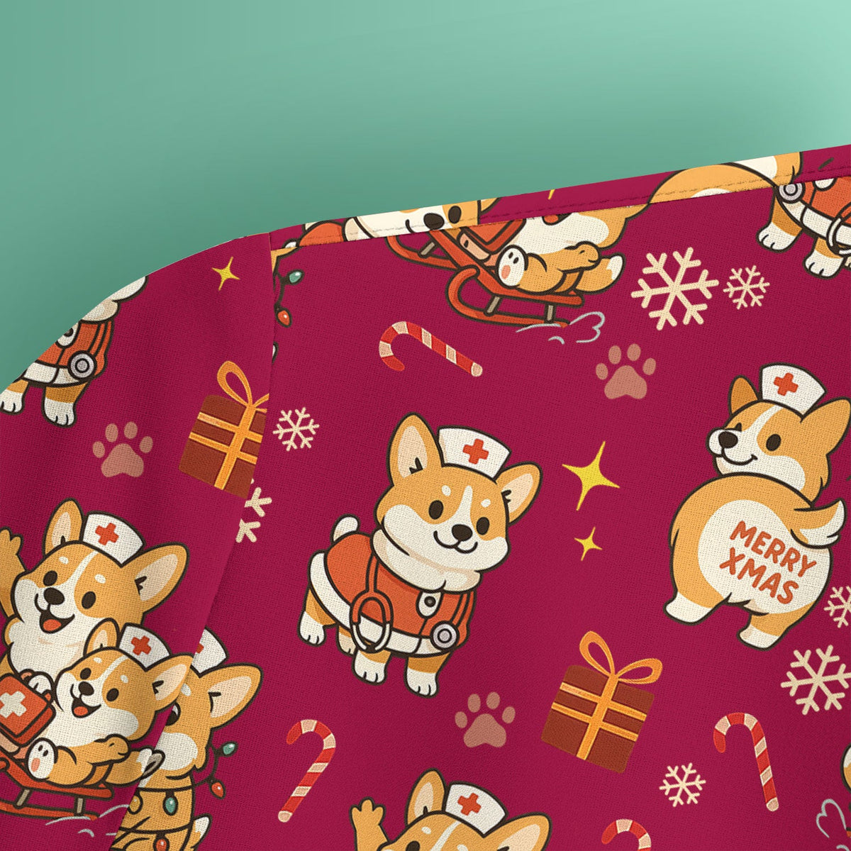 Cute Corgi Dog Scrubs for Christmas - Festive Puppy Pattern Medical Scrub Top - Holiday Christmas Scrubs with Charming Corgi Print