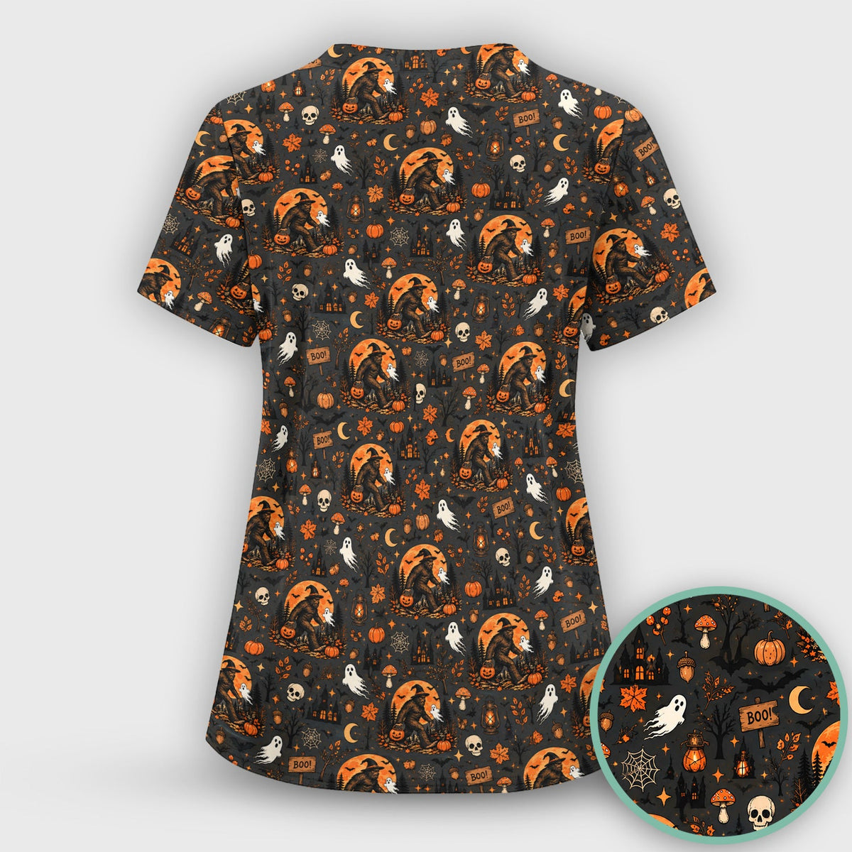 Bigfoot Ghost with Pumpkin Nurse Scrub Top - Halloween Gift