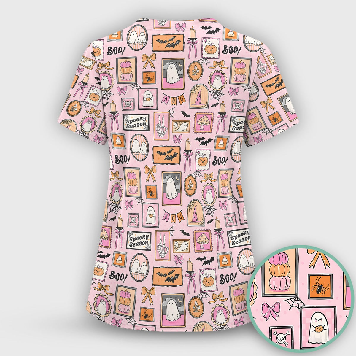 Pink Halloween Ghost Gallery Nurse Scrub Top
