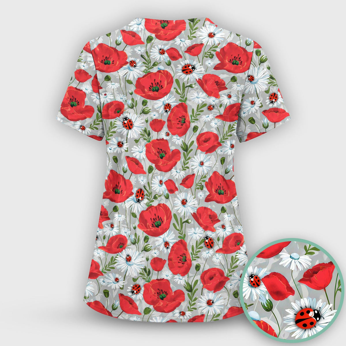 Red Poppy Daisy Ladybug Nurse Scrub Top