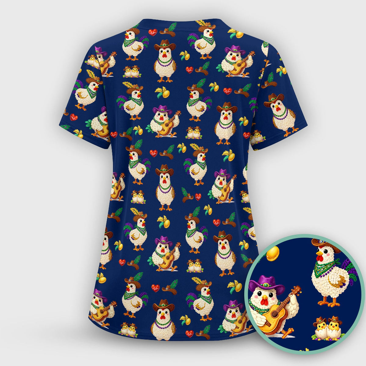 Mardi Gras Rooster Cowboy Nurse Scrub Top