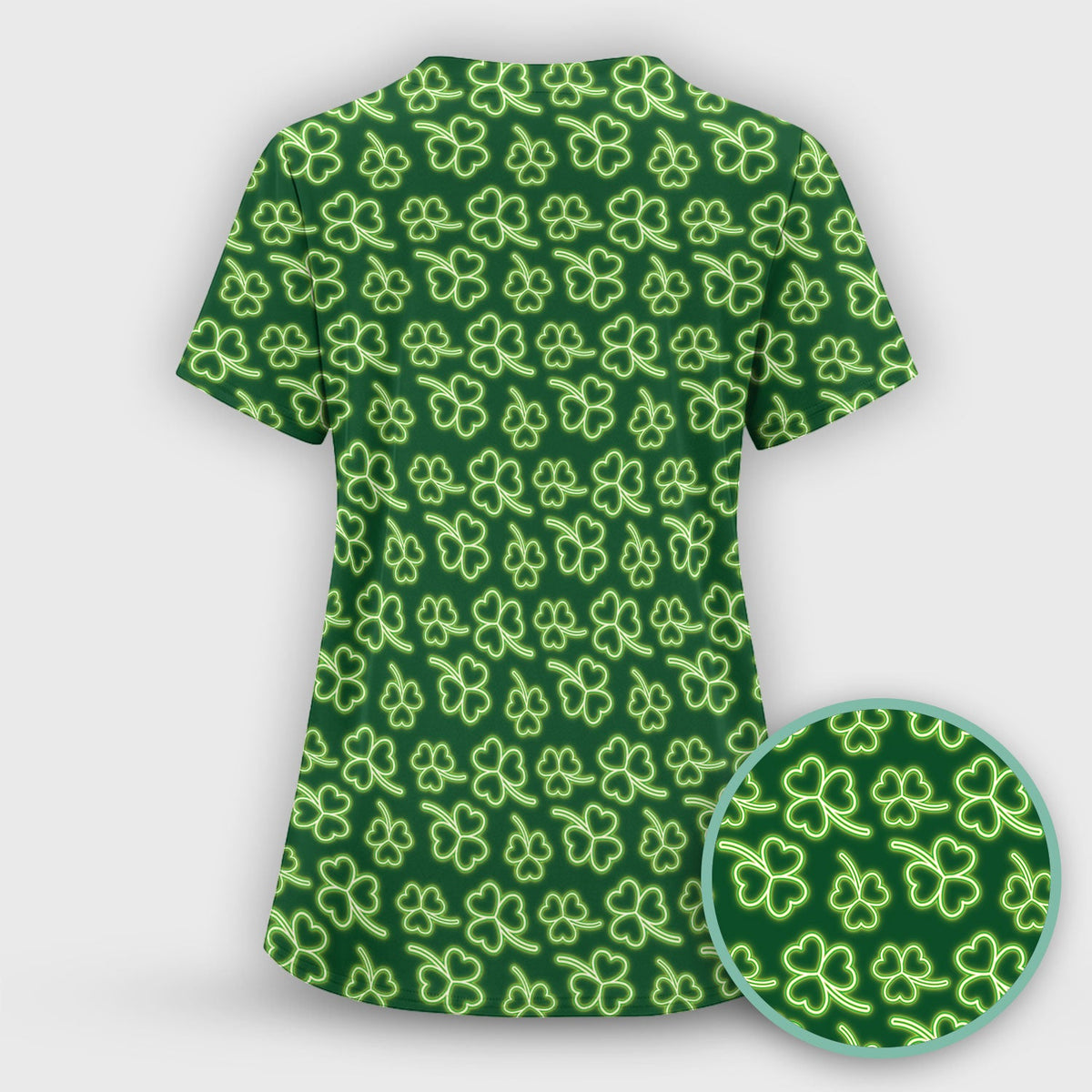 Neon Shamrock Nurse Scrub Top, St. Patrick’s Day Glow Green Pattern Pattern Shirt,  Breathable Fabrics Nursing Uniform
