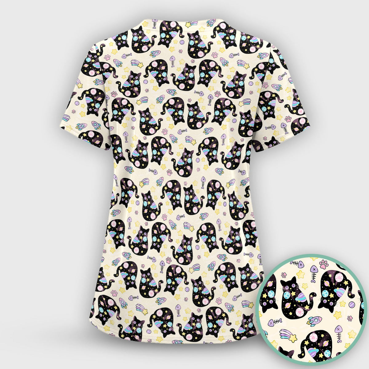 Galaxy Black Cat Space Nurse Scrub Top