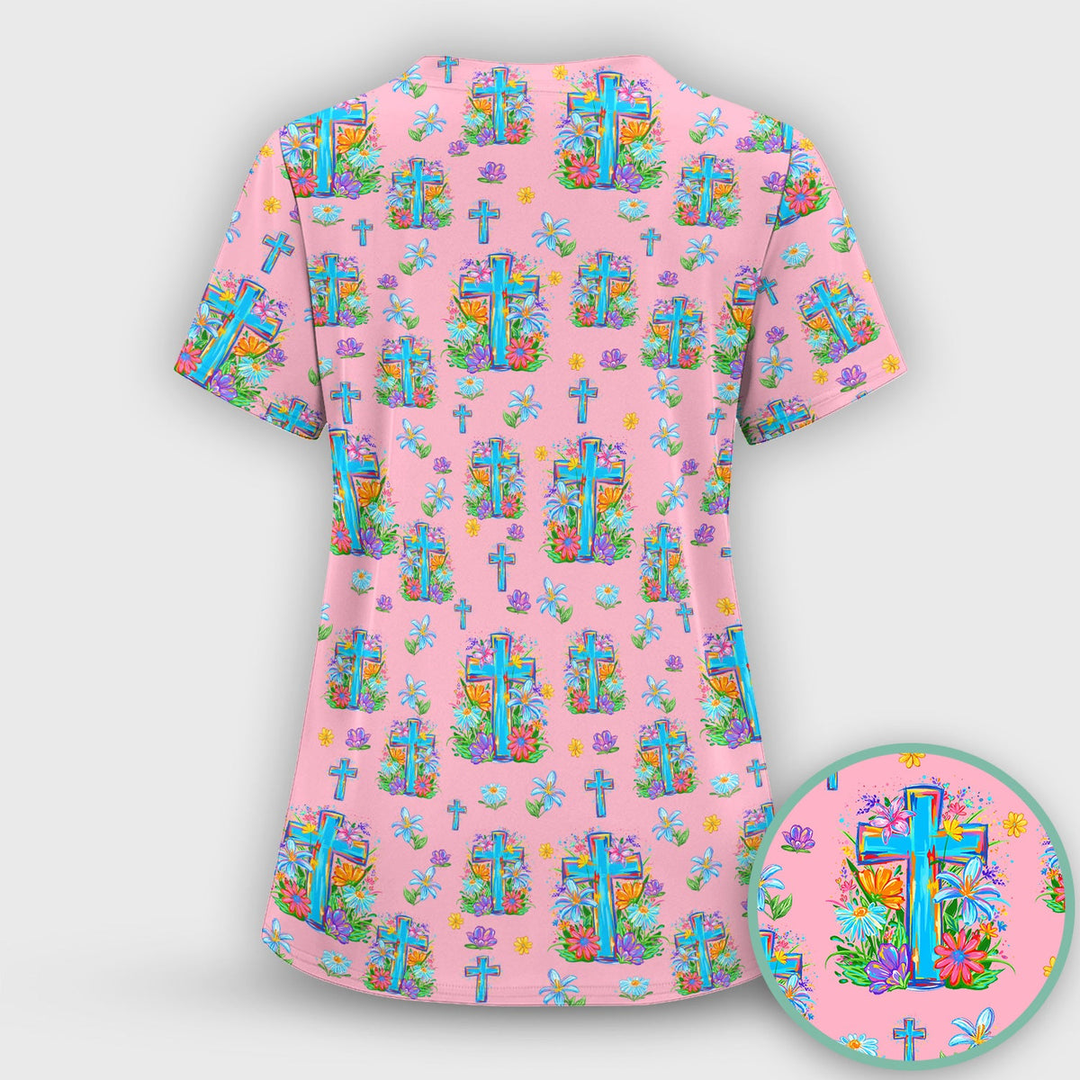 Christian Floral Cross Spring Pattern Scrub Top, Comfortable Scrubs for Nurses