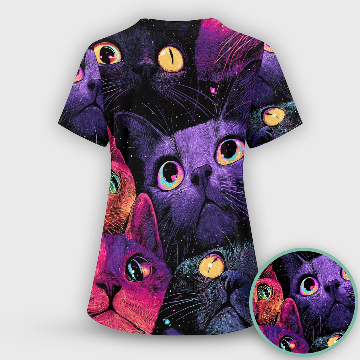 Colorful Neon Cat Faces Nurse Scrub Set