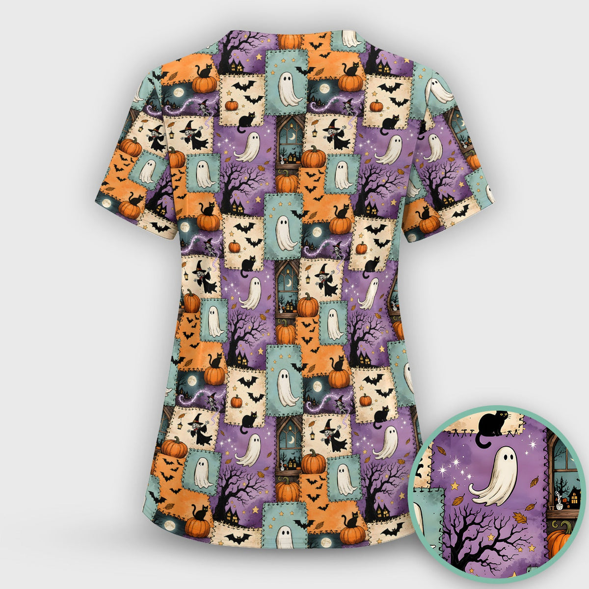 Spooky Ghost Black Cat Patchwork Nurse Scrub Set