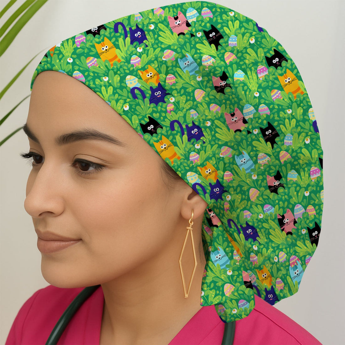 Colorful Easter Cats Green Leaves Scrub Cap