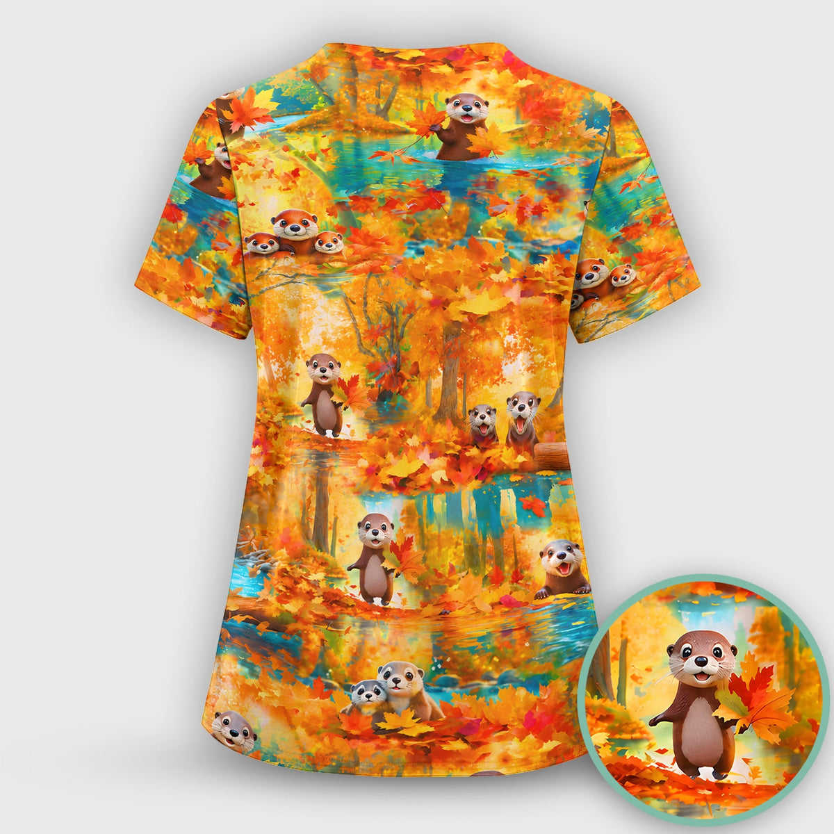 Cute Autumn Otter Leaf Forest Nurse Scrub Top