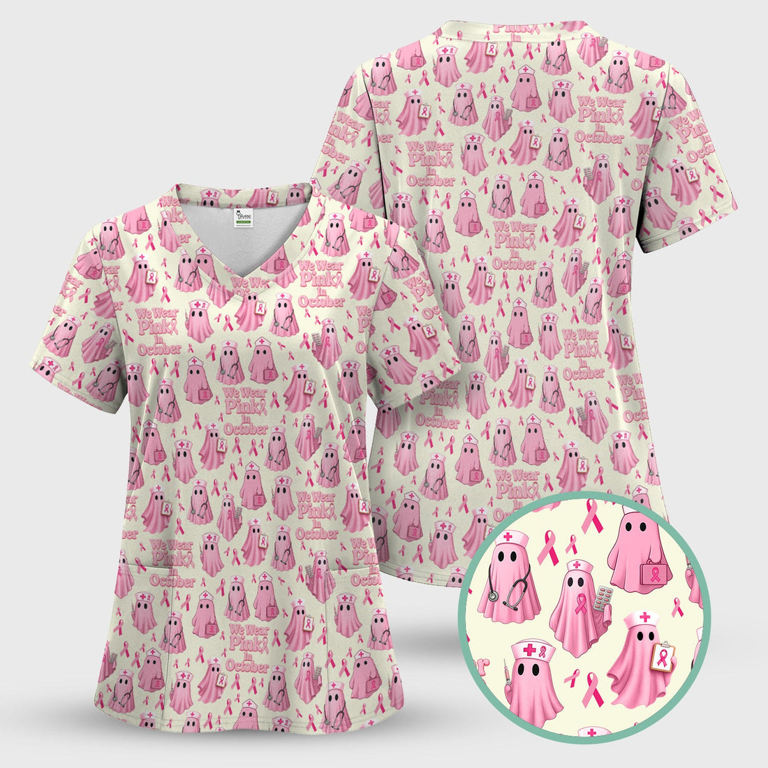 Pink Ribbon Ghost Nurse Scrub Top - Breast Cancer Gift