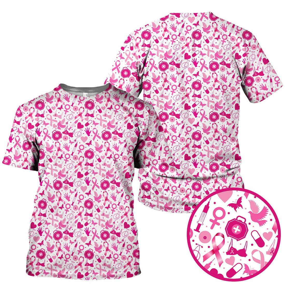 Breast Cancer Pink Ribbon Medical Icons Nurse Scrub Top