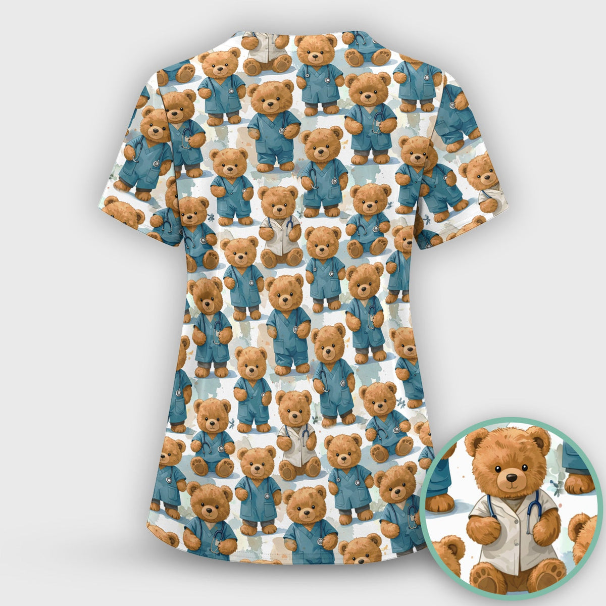 Teddy Bear Doctor Character Pattern Scrub Set, Scrub Pants and V Neck Top