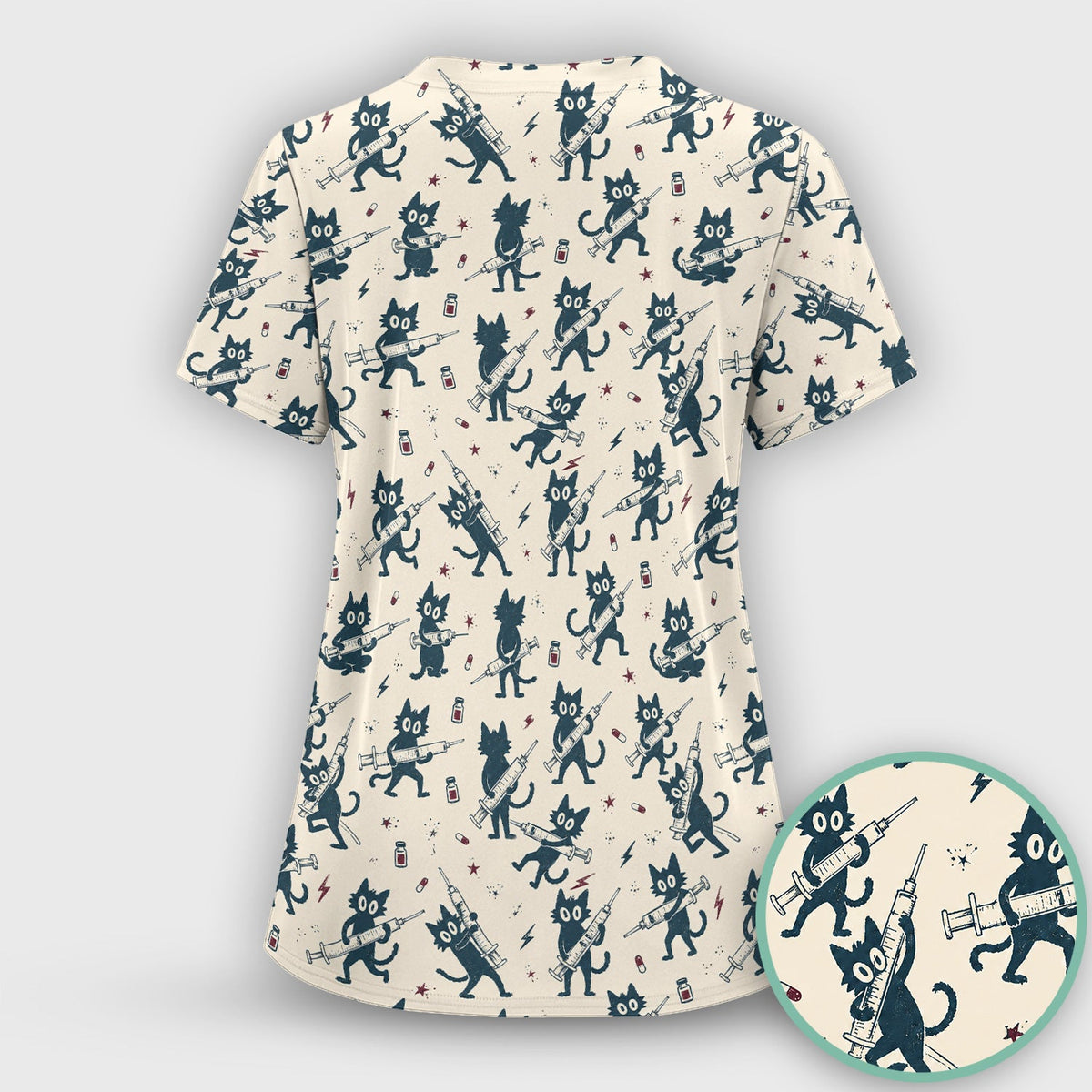 Black Cats With Syringes Nurse Scrub Top
