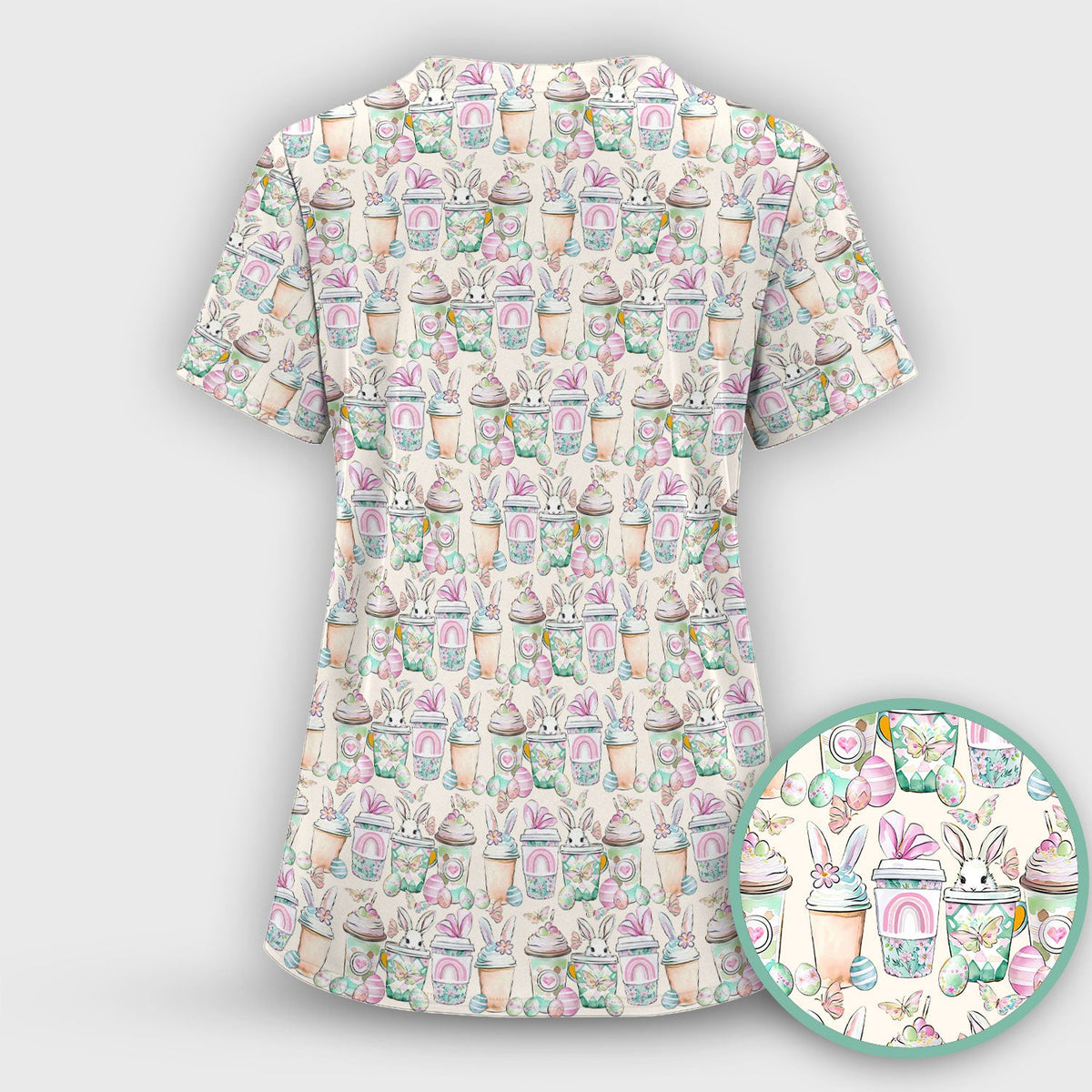 Cute Easter Bunny Coffee Cup Pattern Scrub Top, Comfortable Scrubs for Nurses