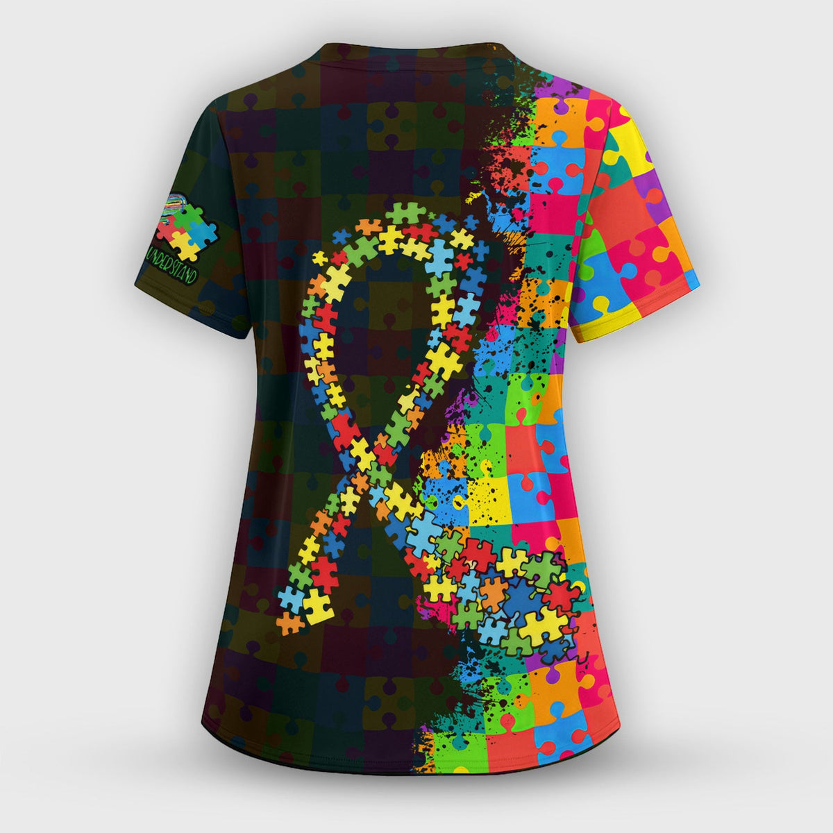 Personalized Autism Puzzle Ribbon Colorful Print Scrub Top, Comfortable Scrubs for Nurses