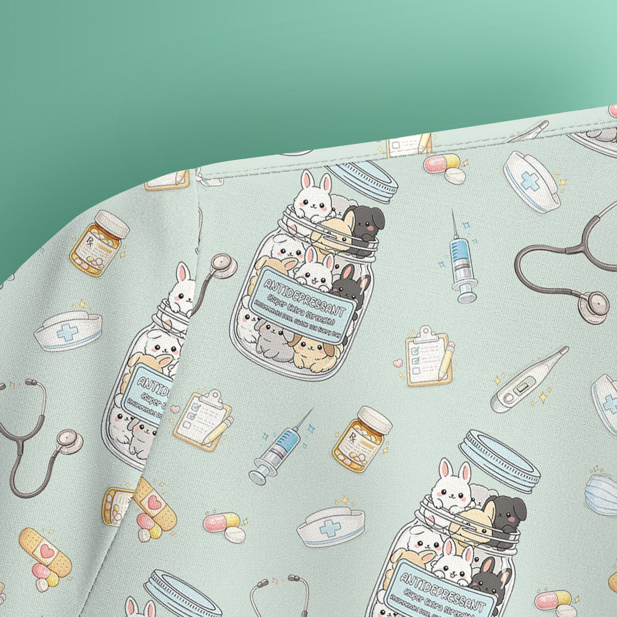 Whimsical Antidepressant Rabbit Jar Nurse Scrub Top
