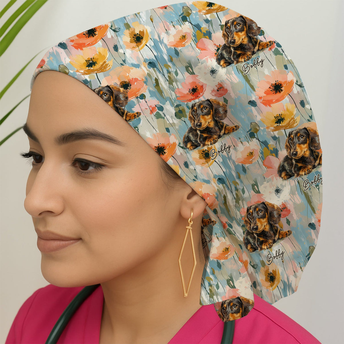 Personalized Dachshund Photo Floral Scrub Cap