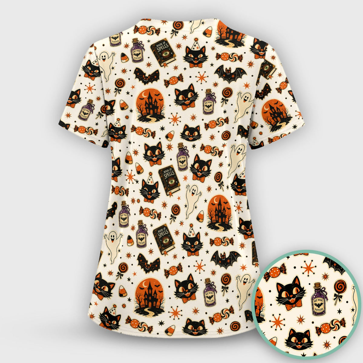 Black Cat Ghost Candy Nurse Scrub Top - Halloween Gift