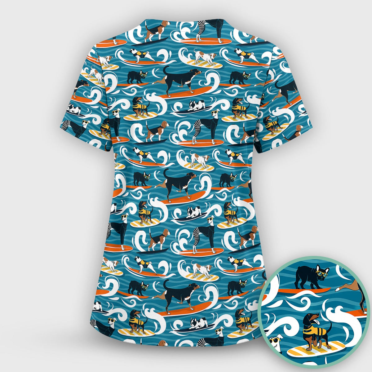 Surfing Dogs Ocean Wave Nurse Scrub Top