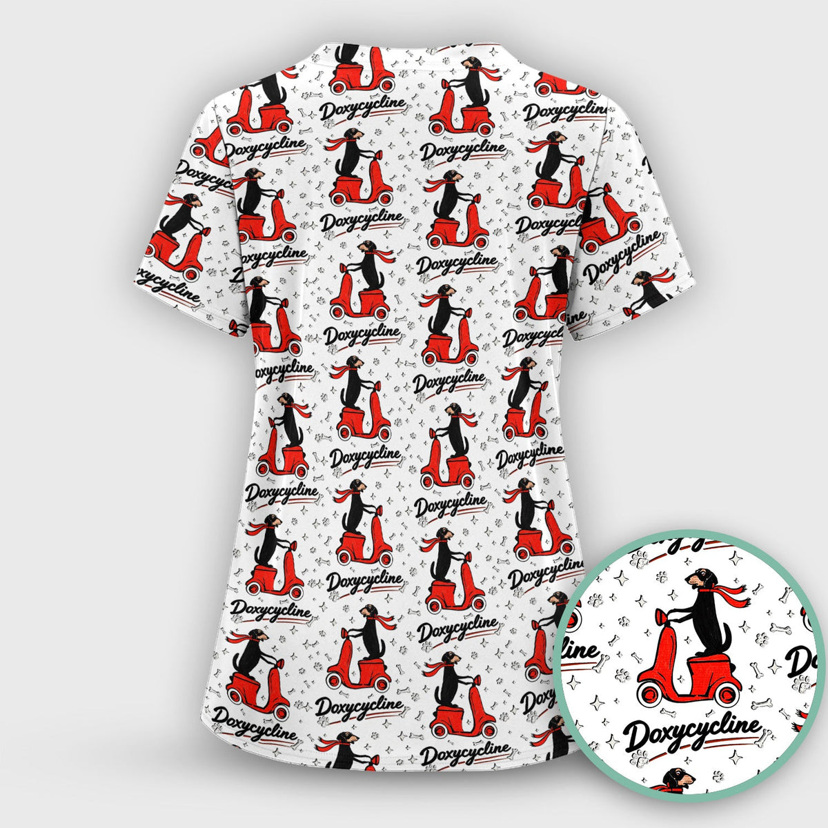 Funny Dachshund Riding Scooter Doxycycline Print Scrub Top ,Comfortable Scrubs for Nurses