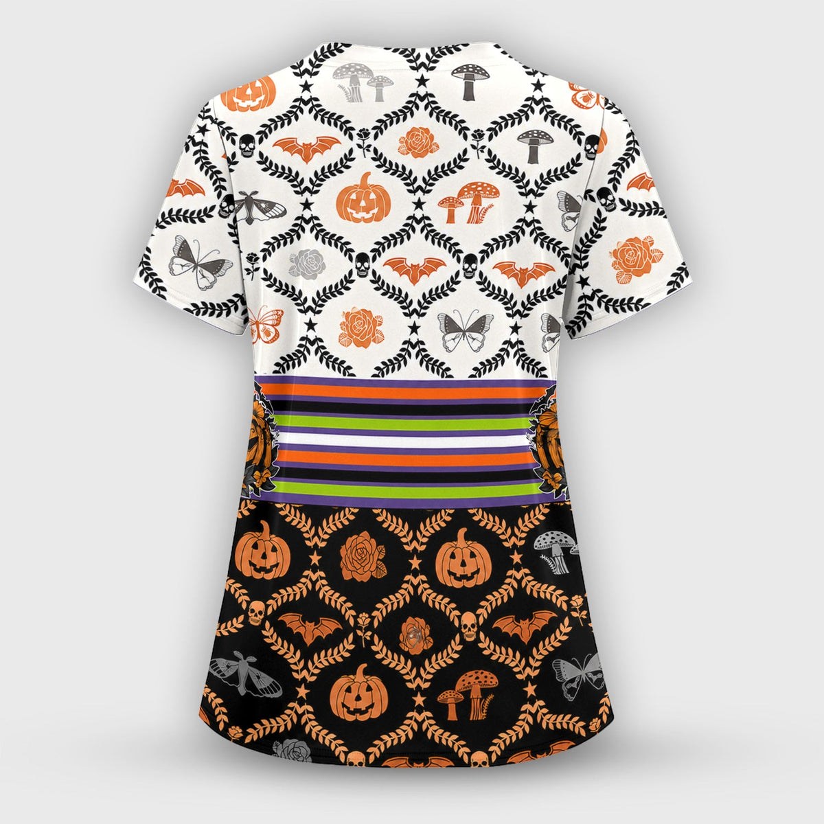 Checkered Pumpkin Bow Nurse Scrub Top - Halloween Gift