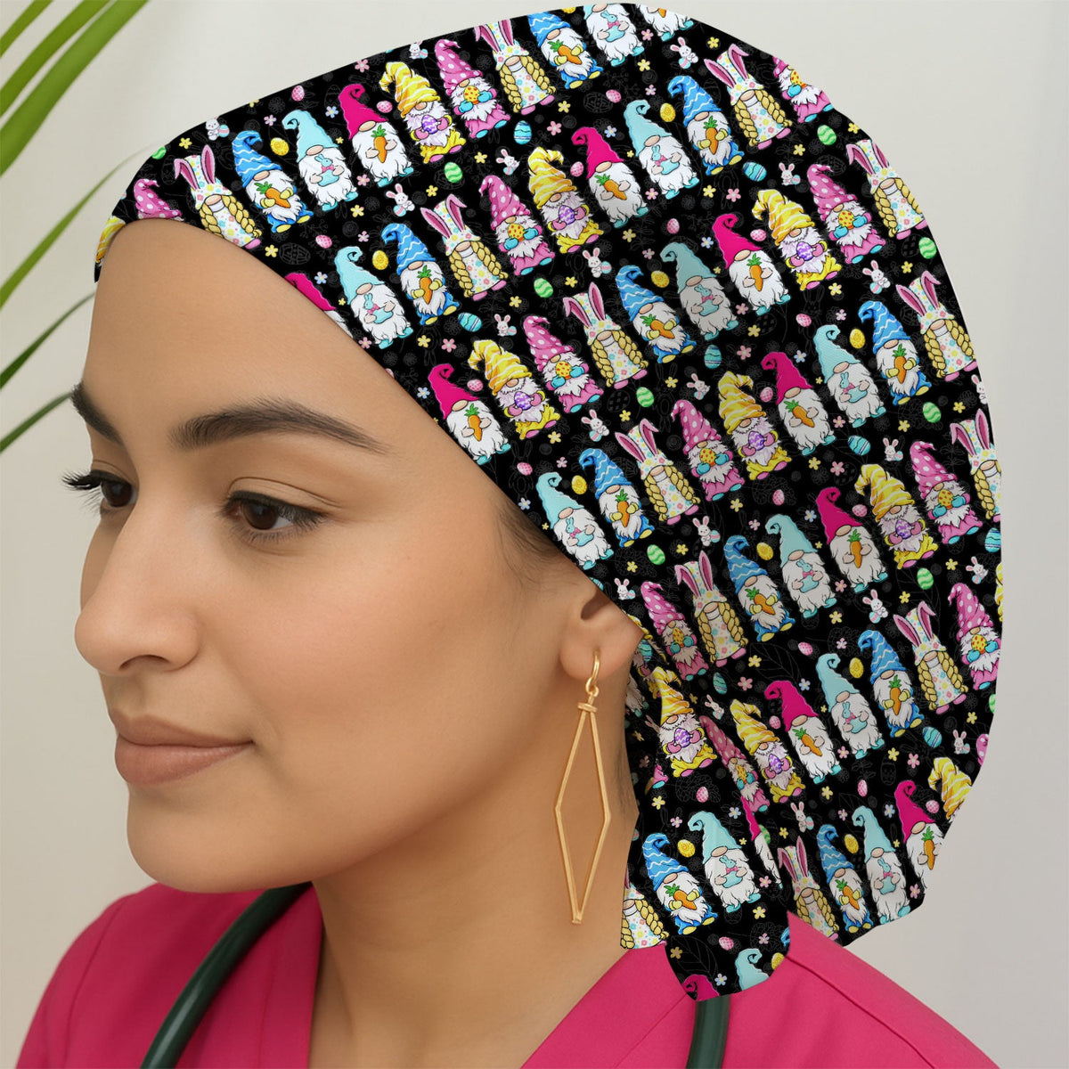 Colorful Easter Gnome Bunny Eggs Scrub Cap